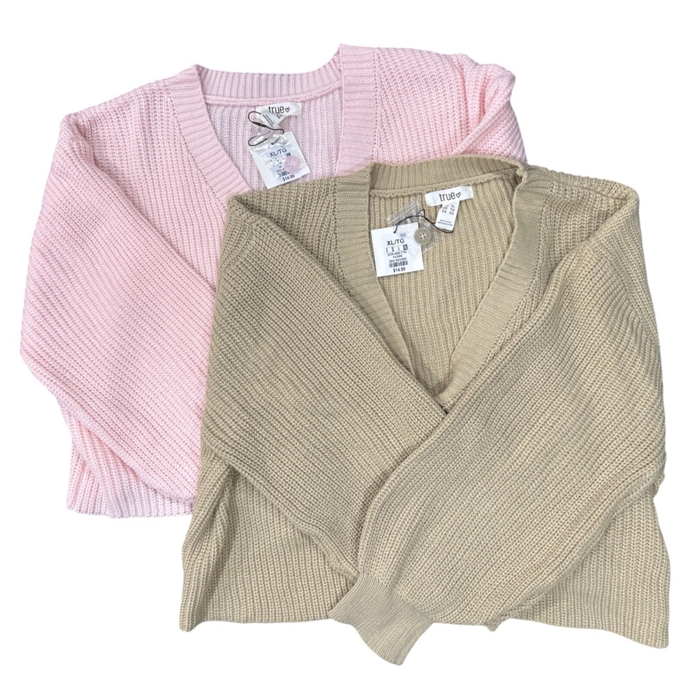 True XL set of 2 Womens XL Cardigan Sweater Pink Tan Chunky Knit V-Neck NEW